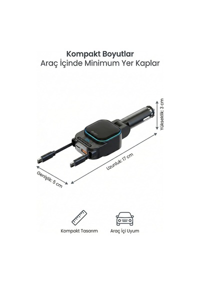 Sc07 96w Araç Şarj Cihazı Pd3.0 & Qc3.0 Hızlı Şarj, Çift Toplanabilir Kablo Type-c + Lightning , Led Ekran,