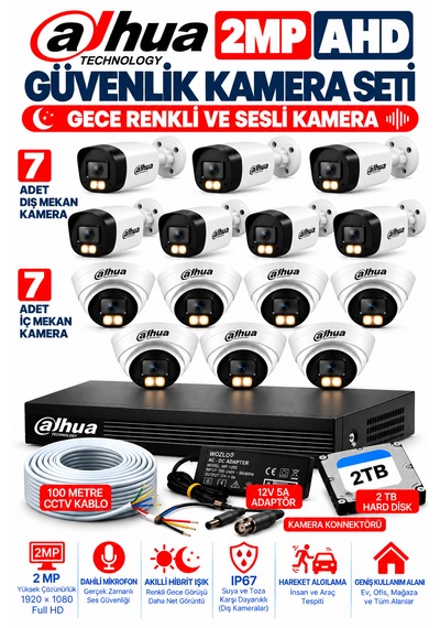 14'lü 2mp Ahd Full Color Renkli Gece Görüş Sesli Kamera Seti 7 İç - 7 Dış Kamera