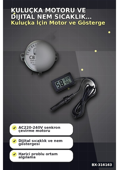 Kuluçka Motoru 50 Tyz 10/12 Rpm Viyol Çevirici Ve Problu Dijital Nem Sıcaklık Ölçer Seti Bx-316163