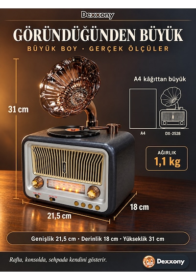Dexxony Dx-2528 Antrasit Nostaljik Radyo Retro Gramofon Büyük Boy Şarjlı Bluetooth Hoparlör Fm Usb