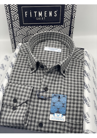 Klasik Uzun Kol Kışlık %100 Cotton Kareli Yaka Düğmeli Hediye Kutulu Erkek Gömlek Fs-003127 - Gri-2949