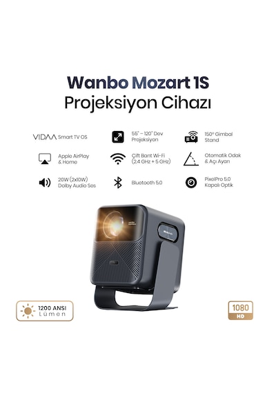 Wanbo Mozart 1s 1200 Ansı Vıdaa Voice Full Hd Akıllı Projeksiyon Cihazı 4k Destekler Dahili Gimbal Stand