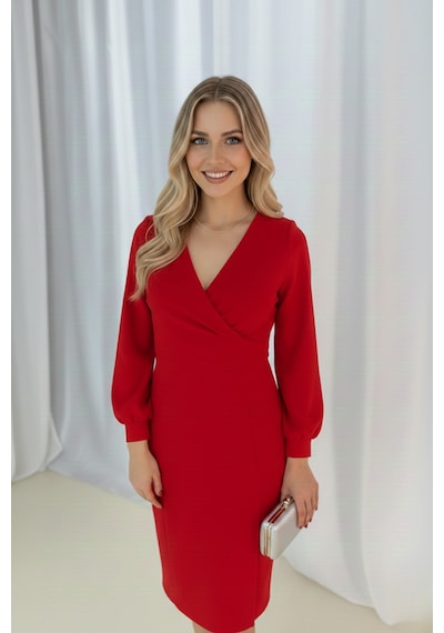 Defymoda Kadın Klasik Kesim Manşetli Elbise Kırmızı