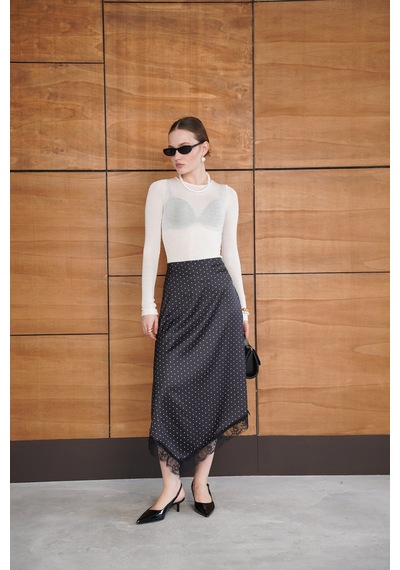 Verymoda Dantel Detaylı Puantiyeli Saten Etek F2077 Siyah