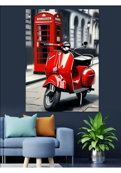 Siyah Beyaz Londra Kırmızı Telefon Kulubesi Ve Scooter Motor Dekoratif Kanvas - Mdf Ahşap Tablo