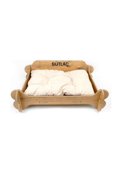 Ahşap Kedi & Köpek Yatağı - Minderli - Özel İsim Baskılı - Mdf - 61cm 47cm