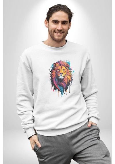 Renkli Yağlı Boya Aslan Unisex Beyaz Baskılı Sweatshirt Beyaz