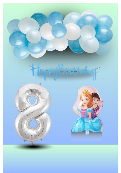 8 Yaş Frozen Tema İkili Prenses Folyo Balon Mavi Beyaz Balon Gümüş Rakam Mavi Banner Doğum Günü Seti Çok Renkli