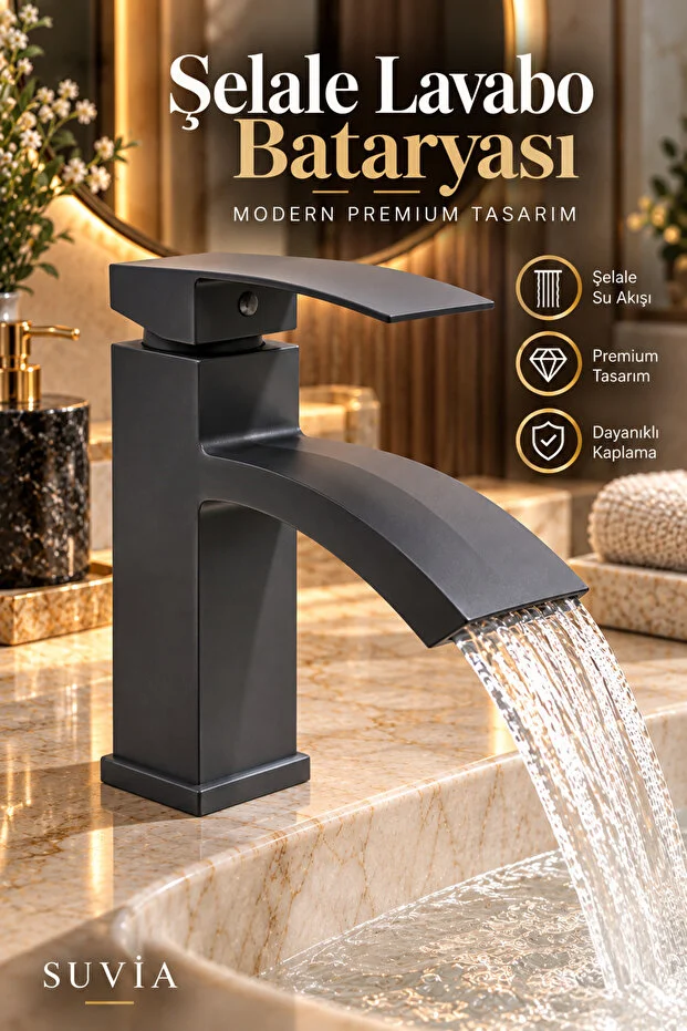 Lavabo Bataryası Şelale Akışlı Antrasit Banyo Lavabo Musluğu Modern Armatür