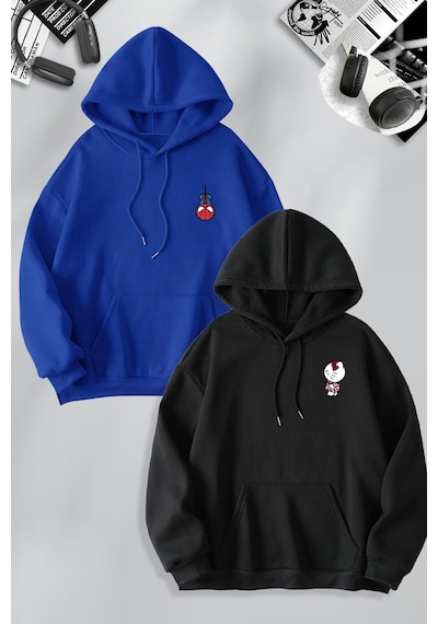 Macklin Sevgili Çift Kombin Spiderman Ve Hello Kitty Baskılı Özel Tasarım Kapüşonlu Sweatshirt 2li Set Takım Mavi Siyah Mck1193 Çok Renkli