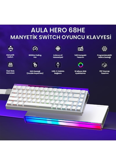 Aula Hero 68 He Manyetik Klavye Rapid Trigger Black King Switch 8000hz Rgb Tkl Hot Swap Oyuncu Klavyesi Beyaz