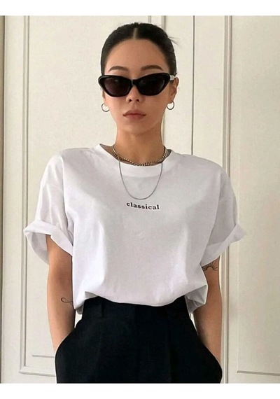 Kadın Beyaz Classical Ön Baskılı Oversize T-shirt Beyaz