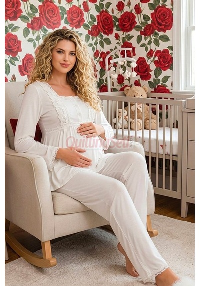 Lady  Dantel Detaylı 33205 Uzun Kol 2 Parça Lohusa Hamile Pijama Takımı Ekru Renkli