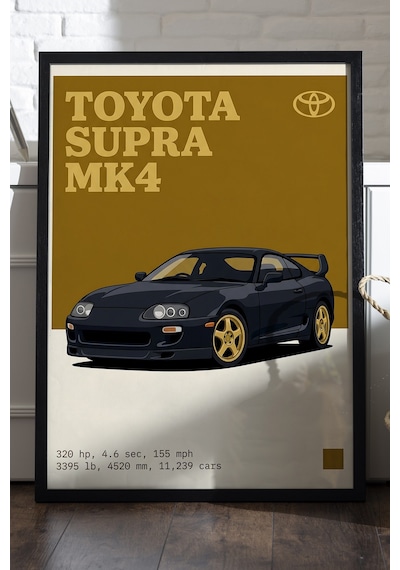 Toyota Supra Mk4 Siyah Ahşap Çerçeveli Poster, Dekoratif Araba Duvar Tablosu