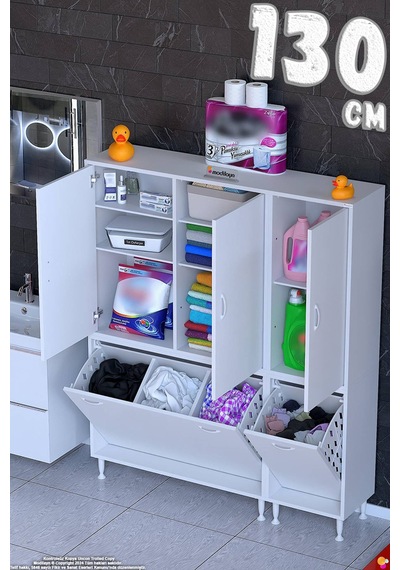 Yaprak 130 Cm Çamaşır Sepetli Pratik Modüler Banyo Dolabı - Beyaz 90+40 X160x32 Cm