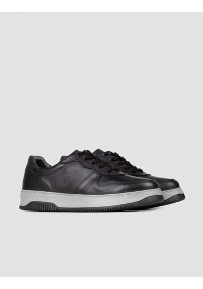 Hakiki Deri Siyah Bağcıklı Erkek Sneaker Spor Ayakkabı Siyah