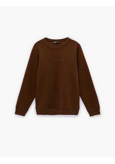 Koton Regular Fit Uzun Kollu Şardonlu Bisiklet Yaka Basic Baskılı Sweatshirt Kahverengi 6sam70046mk Kahverengi