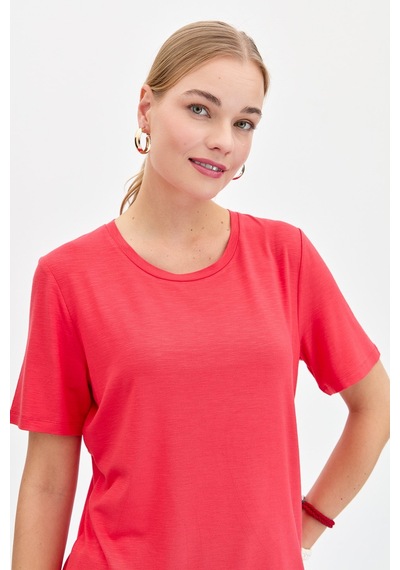 Kadın Sıfır Yaka Flamlı Kumaş Penye Tshirt Mercan MERCAN