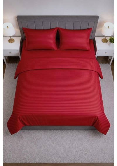 Tr Wova Home Burgundy Stripe Çift Kişilik Nevresim Takımı%90 Pamuk 83 Tel Saten Çizgili Lastikli Çarşaflı Nevres Diğer
