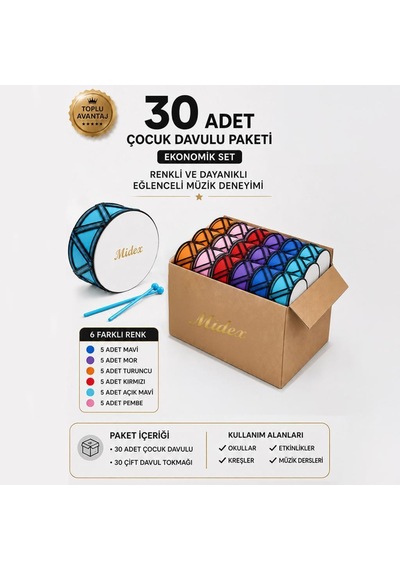 Midex Tf-20-30x Örf Aletleri Seti Toptan Paket-1 Çocuk Davulu Seti 6 Renk, 30 Adet
