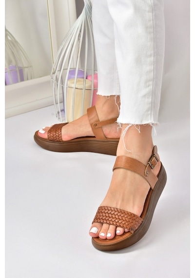 Fox Shoes Taba Hakiki Deri Örgü Modelli Günlük Kadın Sandalet