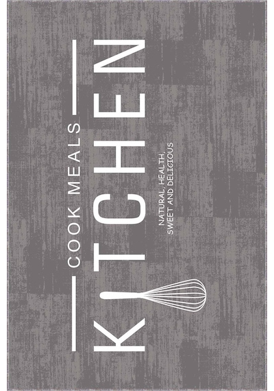 Gri Kaymaz Taban Yıkanan Kitchen Yazılı Mutfak Halısı Ar793