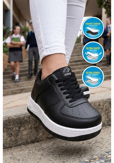 Cool Siyah Bağcıklı Kalın Tabanlı Unisex Yürüyüş Ve Spor Ayakkabı Sneaker Pekin Kısa