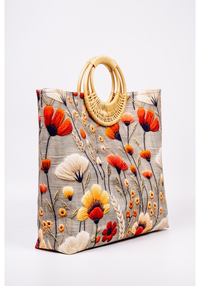 Fabric Craft Bag El Çantası Duck Kumaş Bambu Saplı Desenli Çok renkli