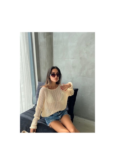 De Pose Ajurlu Sonbaharlik Triko Oversize Bluz Kazak Ekru