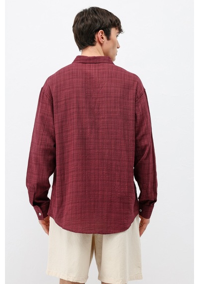 Vamos Dokulu Keten Görünümlü Oversize Gömlek Bordo