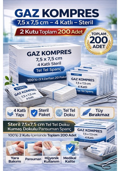 Kompres 7,5x7,5 Cm 4 Katlı Steril 200 Adet Tel Tel Spanç Pansuman Bezi 2kutu