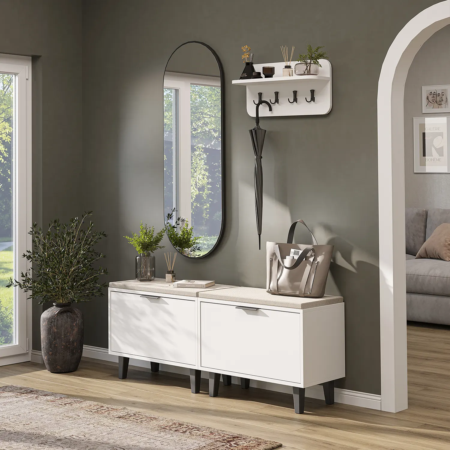 Nord Vestiyer Takımı Askılıklı, Kapaklı Bench, Modüler, Oval Aynalı Portmanto Takımı Beyaz Nord Vestiyer Takımı Askılıklı, Kapaklı Bench, Modüler, Oval Aynalı Portmanto Takımı Beyaz
