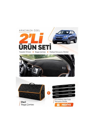 Hyundai İx35 2009-2015 Uyumlu Torpido Örtüsü + Deri Bagaj Çantası + Sticker - Siyah Kahverengi