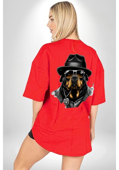 Mafya Rottweiler Kırmızı Oversize Unisex Ön Ve Sırt Baskılı Tişört Kırmızı