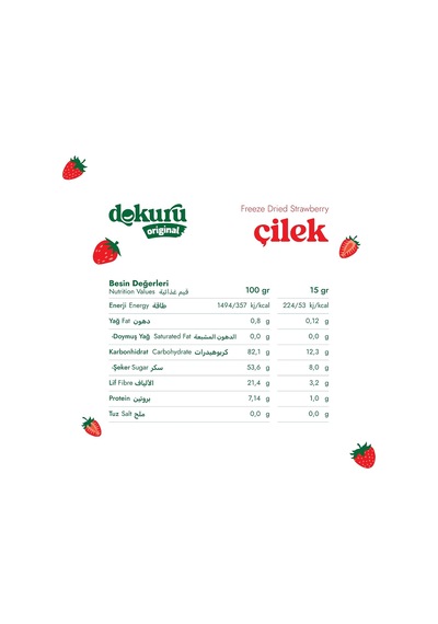 Original Çilek Atıştırmalık Meyve Cipsi - Dondurularak Kurutulmuş Çilek - 15 Gr 0.75 LT - 2.5 LT - 12 KG