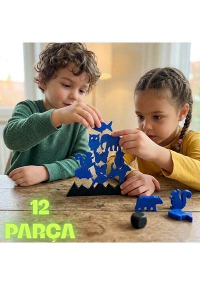 Montessori Hayvan Figürlü Denge Oyunu - Eğitici Zeka Geliştirici Tetris Blokları - Mavi - 12 Parça