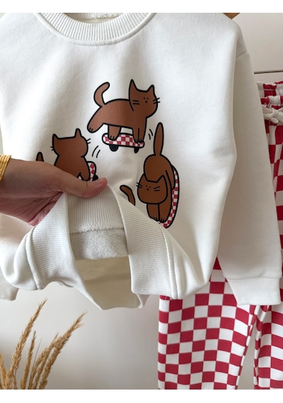 Magu Kız Çocuk Kedi Baskılı Ekru Sweatshirt Ve Kırmızı Dama Desenli Eşofman Takımı Çok Renkli