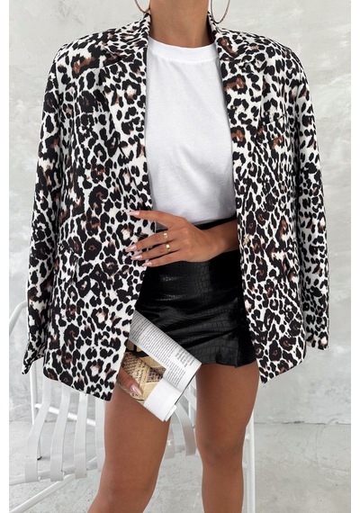 Femelle Kadın Leopar Desen Astarlı Blazer Ceket ekru