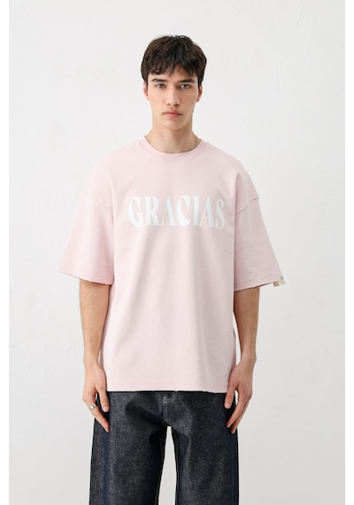 Vamos Oversize Baskılı Tişört V70-143 Pembe