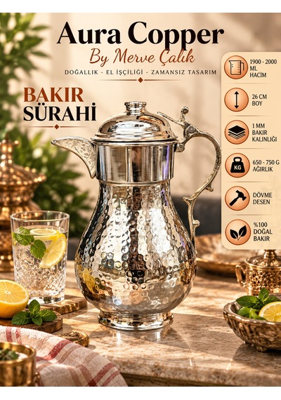 Klasik Bakır Sürahi 1,5 Litre Kapaklı Dövme Desenli 1 Mm İbrik