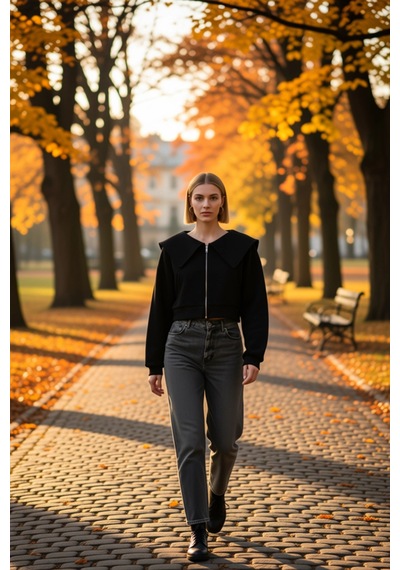 Benerly Kadın Polo Yaka Düşük Kol Fermuarlı Örme Sweatshirt %100 Pamuk Fo siyah