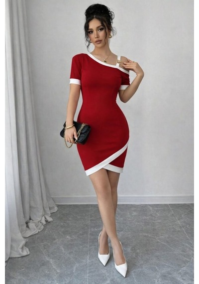 Butik İstanbul Kadın Kısa Kollu Asimetrik Kesim Yaka Şerit Ve Aksesuar Detaylı Modal Elbise Kırmızı Butik İstanbul Kadın Kısa Kollu Asimetrik Kesim Yaka Şerit Ve Aksesuar Detaylı Modal Elbise Kırmızı