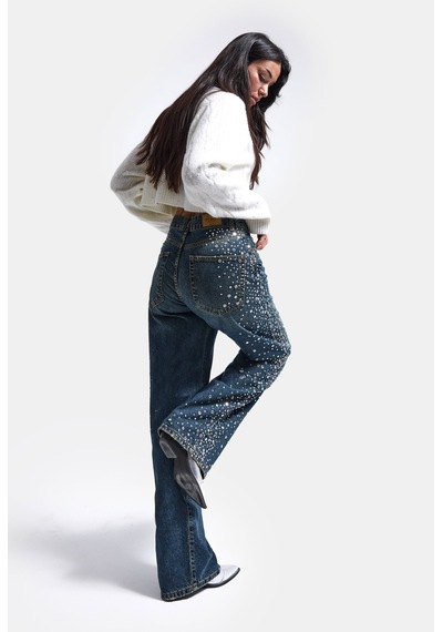 Kadın T-2w6-8 Loose Fit Parlak Taş Özel Tasarım Denim Jean Mavi