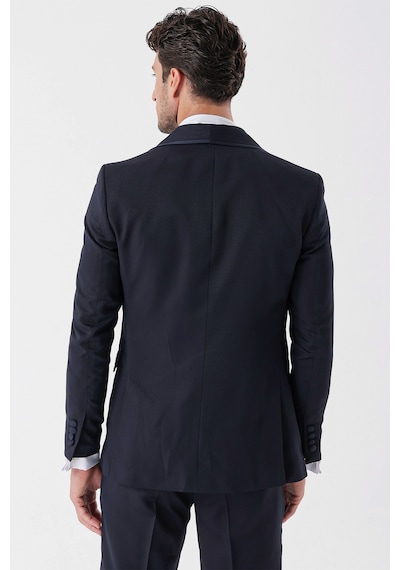 İmza Koyu Lacivert Desenli Armürlü Çıkarılabilir Şal Yaka Kruvaze 6 Drop Slim Fit Smokin Damatlık Takım 1001230214-Koyu Lacivert