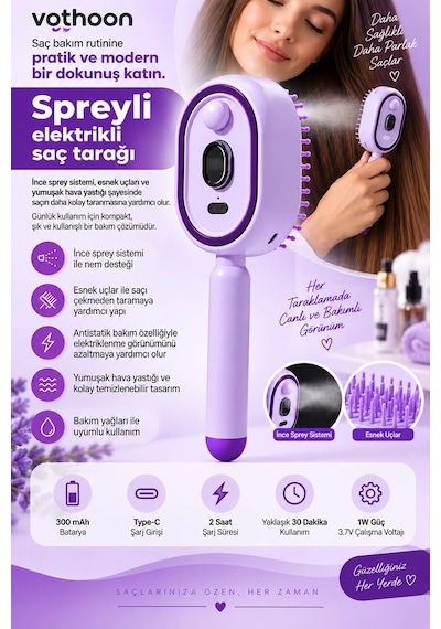Elektrikli Spreyli Saç Tarağı 300 Mah Type C Şarjlı İnce Spreyli Antistatik Bakım Fırçası 84343181