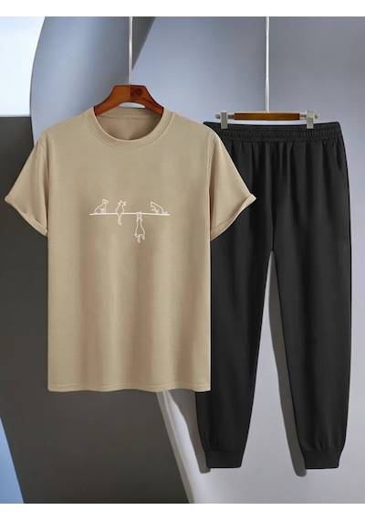 Uyguntarz Unisex Yaramazlık Yapan Kediler Tasarım Basklı Tshirt Eşofman Takımı Bej