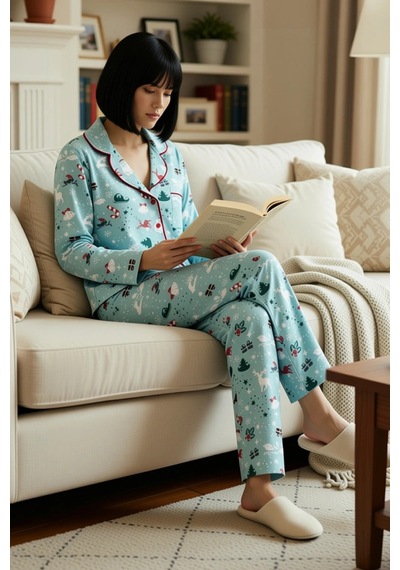 Benerly Kadın Gömlek Yaka Uzun Kol Fitted Kışlık Örme Pijama Takımı Fonks Turkuaz