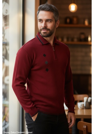 Kamalı Erkek Bordo Tüylenme Yapmayan Standart Fit Normal Kesim Nakış Desen Polo Yaka Triko Kazak Kamalı Erkek Bordo Tüylenme Yapmayan Standart Fit Normal Kesim Nakış Desen Polo Yaka Triko Kazak