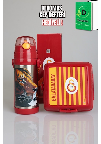 "dekomus Cep Defteri Hediyeli" Yeni Sezon Lisanslı Galatasaray Leon Askılı 500 Ml Çelik Matara Ve Çizgili Beslenme Kabı Seti Ahşap
