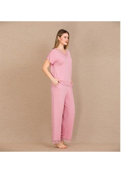 Emvera Kadın Viskon Şık Tasarım Dantel İşlemeli Pembe Kısa Kol Pijama Takımı